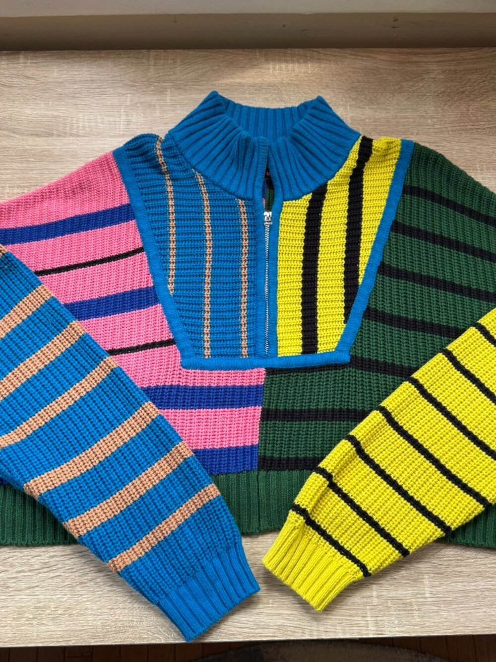 STAUD Cropped Hampton Quarter-Zip Sweater Formentera Stripe XL